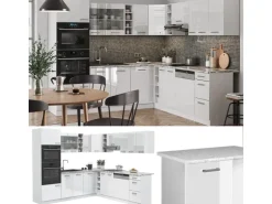 Vicco R-Line Eckküche Weiß Hochglanz/Weiß 237 x 60 cm AP Marmor ohne E-Geräte