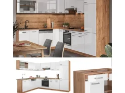 Vicco R-Line Eckküche Weiß Hochglanz/Goldkraft Eiche 227 x 287 cm AP Marmor ohne E-Geräte