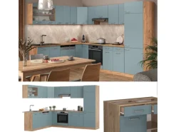 Vicco R-Line Einbauküche Blau-Grau/Goldkraft Eiche 227 x 287 cm ohne Arbeitsplatte ohne E-Geräte