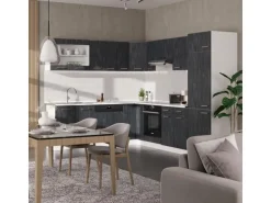 Vicco R-Line Einbauküche in L-Form Schwarz Beton/Weiß 227 x 287 cm AP Eiche ohne E-Geräte