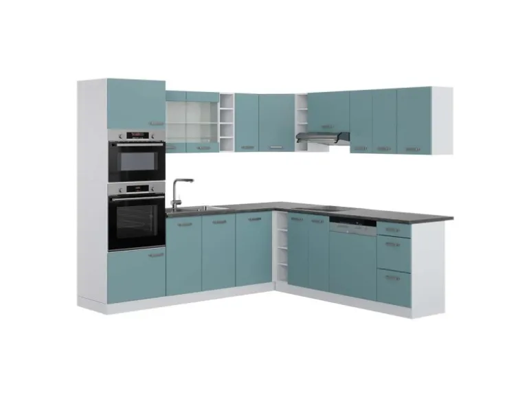 Vicco R-Line Einbauküche in L-Form Blau-Grau/Weiß 237 x 247 cm AP Anthrazit ohne E-Geräte