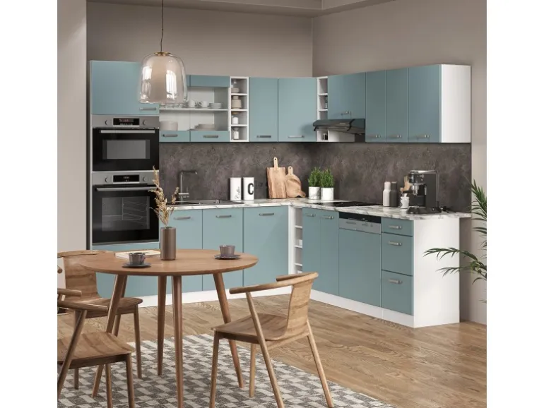 Vicco R-Line Einbauküche in L-Form Blau-Grau/Weiß 237 x 247 cm AP Anthrazit ohne E-Geräte