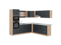 Vicco R-Line Einbauküche in L-Form Schwarz Beton/Goldkraft Eiche 237 x 247 cm AP Marmor ohne E-Geräte