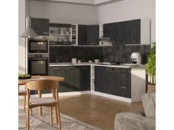 Vicco R-Line Einbauküche in L-Form Schwarz Beton/Weiß 237 x 247 cm AP Eiche ohne E-Geräte