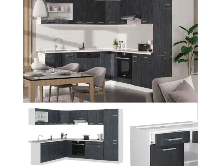Vicco R-Line Einbauküche Schwarz Beton/Weiß 227 x 287 cm AP Anthrazit ohne E-Geräte