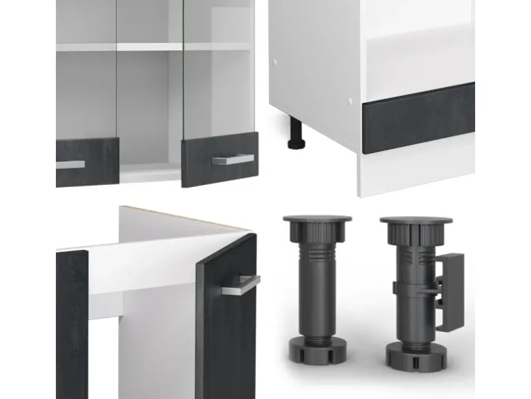 Vicco R-Line Einbauküche Schwarz Beton/Weiß 227 x 287 cm AP Anthrazit ohne E-Geräte