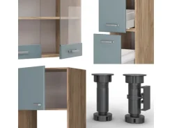 Vicco R-Line Küche Blau-Grau/Goldkraft Eiche 350 cm mit HochschrankAP Eiche ohne E-Geräte