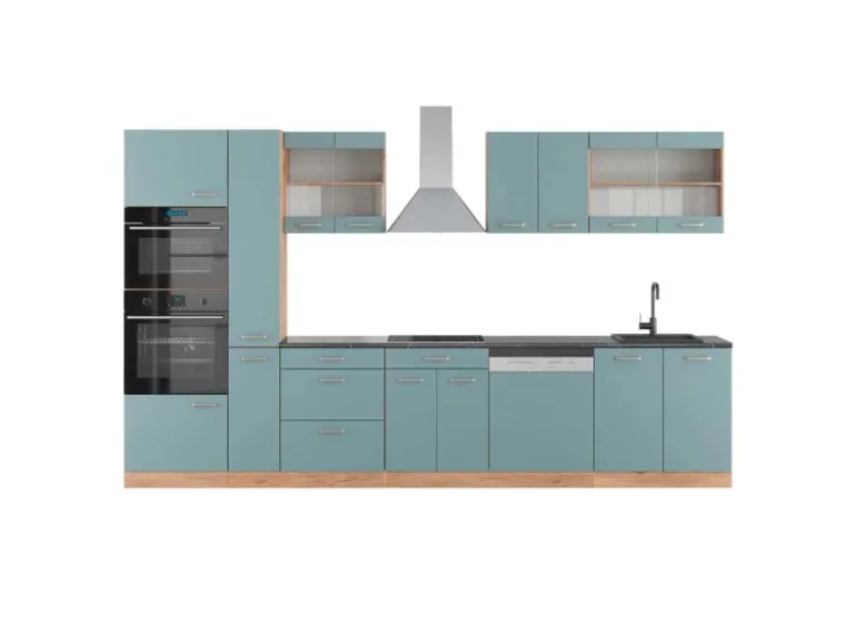 Vicco R-Line Küche Blau-Grau/Goldkraft Eiche 350 cm mit HochschrankAP Anthrazit ohne E-Geräte