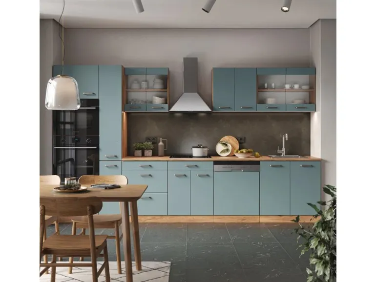 Vicco R-Line Küche Blau-Grau/Goldkraft Eiche 350 cm mit HochschrankAP Anthrazit ohne E-Geräte