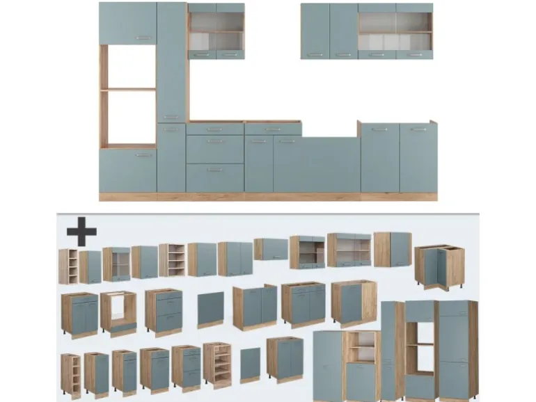 Vicco R-Line Küche Blau-Grau/Goldkraft Eiche 350 cm mit HochschrankAP Anthrazit ohne E-Geräte