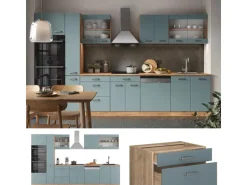 Vicco R-Line Küche Blau-Grau/Goldkraft Eiche 350 cm mit Hochschrankohne Arbeitsplatte ohne E-Geräte