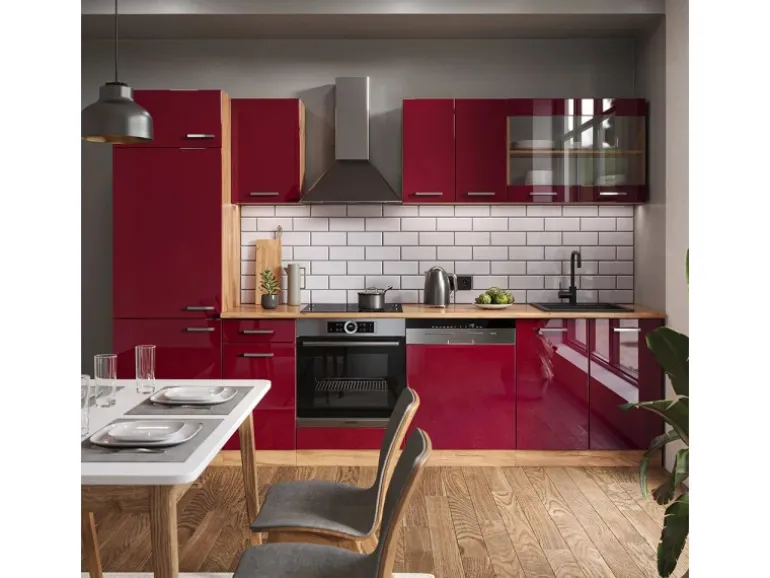 Vicco R-Line Küche Bordeaux Hochglanz/Goldkraft Eiche 300 cm ohne Arbeitsplatte ohne E-Geräte