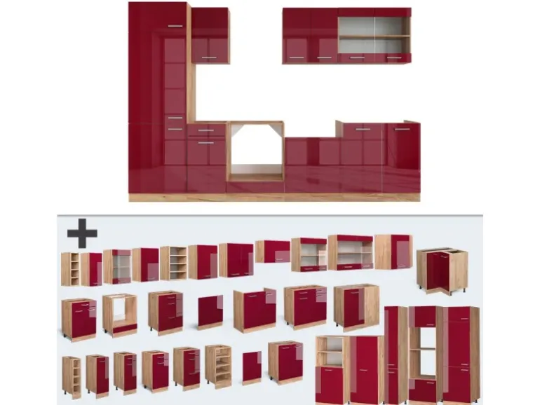 Vicco R-Line Küche Bordeaux Hochglanz/Goldkraft Eiche 300 cm ohne Arbeitsplatte ohne E-Geräte