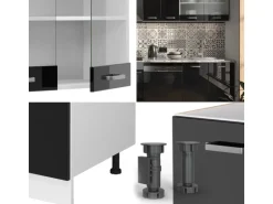 Vicco R-Line Küche Schwarz Hochglanz 300 cm AP Marmor ohne E-Geräte