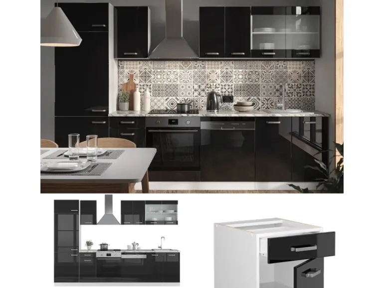 Vicco R-Line Küche Schwarz Hochglanz/Weiß 300 cm ohne Arbeitsplatte ohne E-Geräte