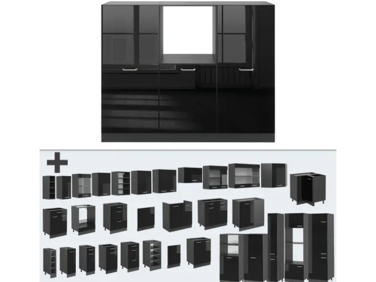 Vicco R-Line Küchenblock Schwarz Hochglanz/Anthrazit 180 cm ohne Arbeitsplatte ohne E-Geräte