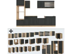 Vicco R-Line Küchenzeile Anthrazit Landhaus/Goldkraft Eiche 300 cm mit HochschrankAP Marmor ohne E-Geräte