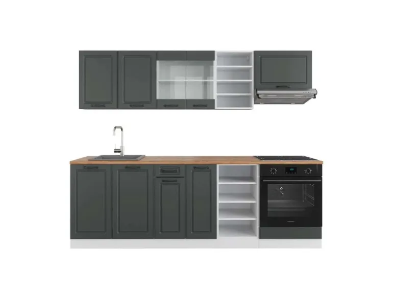 Vicco R-Line Küchenzeile Anthrazit Landhaus/Weiß 240 cm AP Eiche ohne E-Geräte