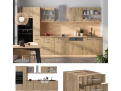 Vicco R-Line Küchenzeile Artisan-Eiche/Goldkraft Eiche 350 cm mit HochschrankAP Marmor ohne E-Geräte