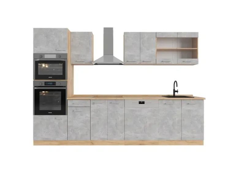 Vicco R-Line Küchenzeile Beton/Goldkraft Eiche 300 cm mit HochschrankAP Eiche ohne E-Geräte