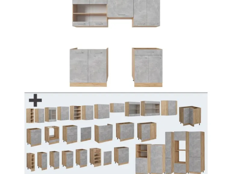 Vicco R-Line Küchenzeile Beton/Goldkraft Eiche 200 cm ohne Arbeitsplatte ohne E-Geräte