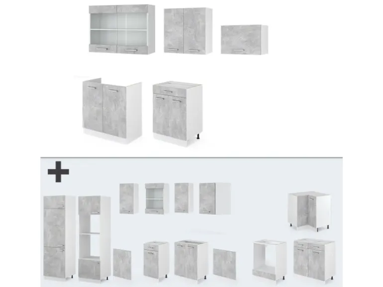 Vicco R-Line Küchenzeile Beton/Weiß 200 cm ohne Arbeitsplatte ohne E-Geräte