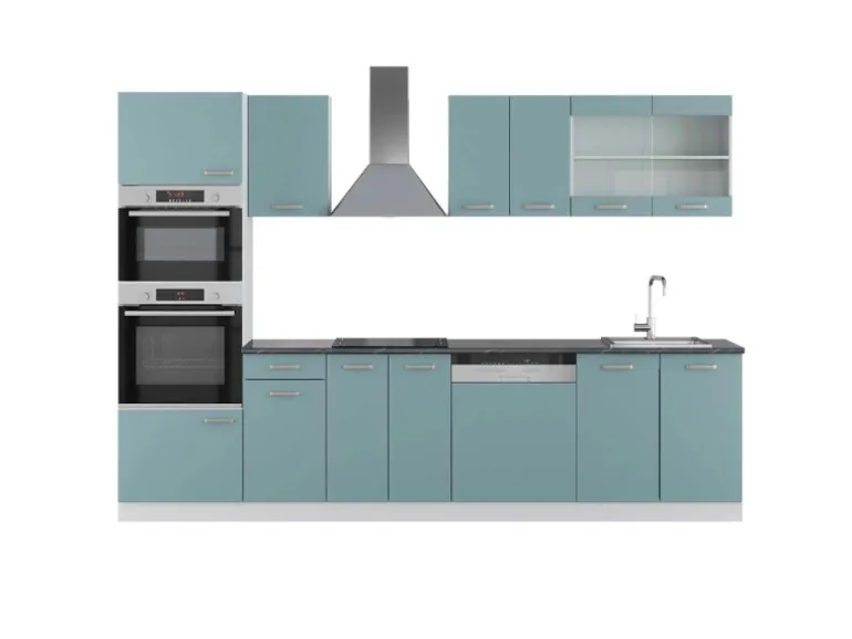 Vicco R-Line Küchenzeile Blau-Grau/Weiß 300 cm mit HochschrankAP Anthrazit ohne E-Geräte