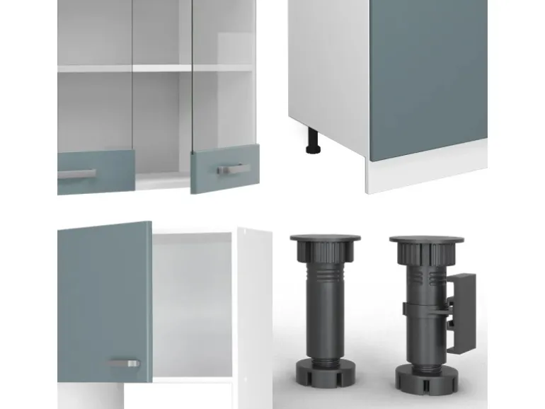 Vicco R-Line Küchenzeile Blau-Grau/Weiß 300 cm mit HochschrankAP Anthrazit ohne E-Geräte