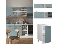 Vicco R-Line Küchenzeile Blau-Grau/Weiß 240 cm ohne Arbeitsplatte ohne E-Geräte
