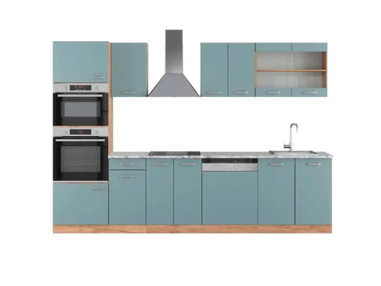 Vicco R-Line Küchenzeile Blau-Grau/Goldkraft Eiche 300 cm mit HochschrankAP Marmor ohne E-Geräte