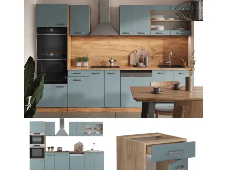 Vicco R-Line Küchenzeile Blau-Grau/Goldkraft Eiche 300 cm mit HochschrankAP Marmor ohne E-Geräte