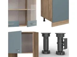 Vicco R-Line Küchenzeile Blau-Grau/Goldkraft Eiche 300 cm mit HochschrankAP Marmor ohne E-Geräte