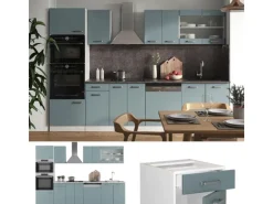 Vicco R-Line Küchenzeile Blau-Grau 300 cm mit HochschrankAP Marmor ohne E-Geräte