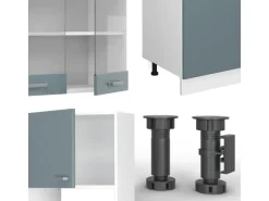 Vicco R-Line Küchenzeile Blau-Grau 300 cm mit HochschrankAP Marmor ohne E-Geräte