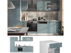 Vicco R-Line Küchenzeile Blau-Grau/Weiß 300 cm AP Eiche ohne E-Geräte