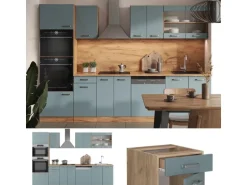 Vicco R-Line Küchenzeile Blau-Grau/Goldkraft Eiche 300 cm mit Hochschrankohne Arbeitsplatte ohne E-Geräte