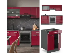 Vicco R-Line Küchenzeile Bordeaux Hochglanz/Anthrazit 200 cm AP Marmor ohne E-Geräte
