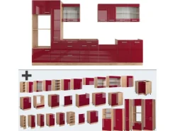 Vicco R-Line Küchenzeile Bordeaux Hochglanz/Goldkraft Eiche 350 cm mit Hochschrankohne Arbeitsplatte ohne E-Geräte