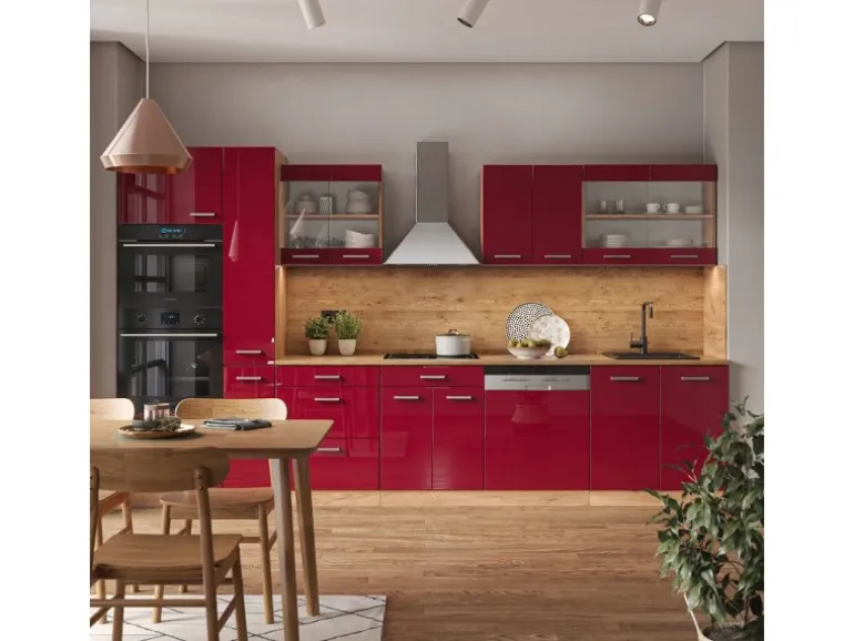 Vicco R-Line Küchenzeile Bordeaux Hochglanz/Goldkraft Eiche 350 cm mit HochschrankAP Marmor ohne E-Geräte