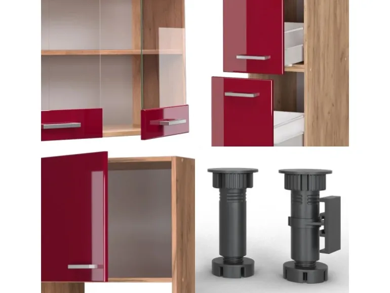 Vicco R-Line Küchenzeile Bordeaux Hochglanz/Goldkraft Eiche 350 cm mit HochschrankAP Marmor ohne E-Geräte
