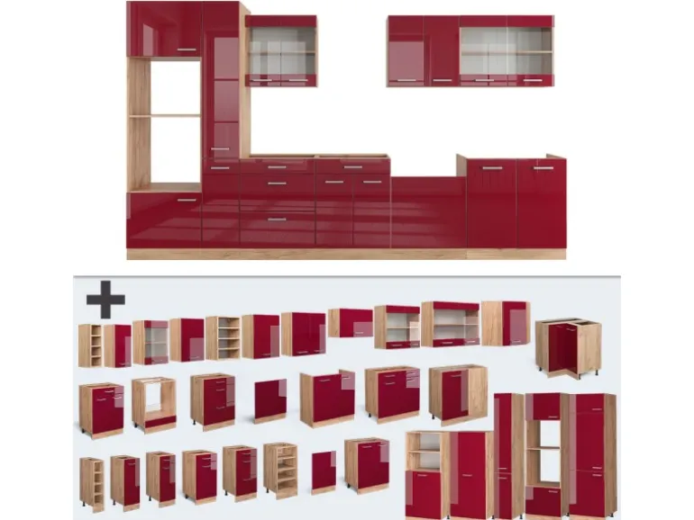 Vicco R-Line Küchenzeile Bordeaux Hochglanz/Goldkraft Eiche 350 cm mit HochschrankAP Marmor ohne E-Geräte
