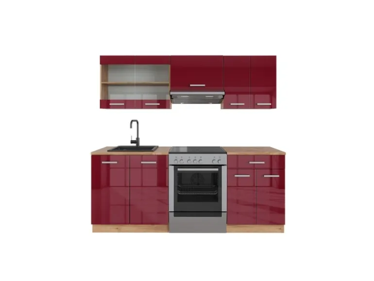 Vicco R-Line Küchenzeile Bordeaux Hochglanz/Goldkraft Eiche 200 cm ohne Arbeitsplatte ohne E-Geräte