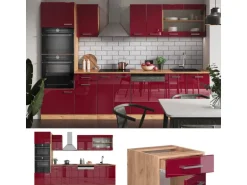 Vicco R-Line Küchenzeile Bordeaux Hochglanz/Goldkraft Eiche 300 cm mit HochschrankAP Eiche ohne E-Geräte