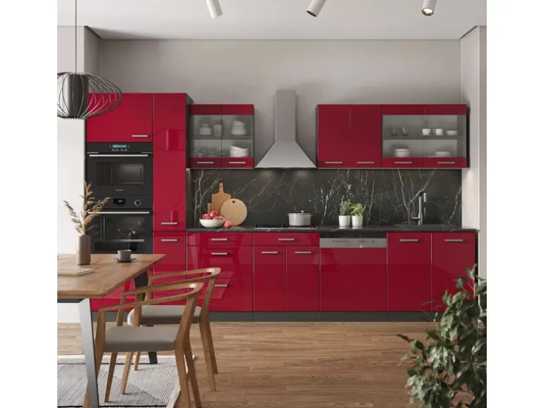 Vicco R-Line Küchenzeile Bordeaux Hochglanz/Anthrazit 350 cm mit Hochschrankohne Arbeitsplatte ohne E-Geräte