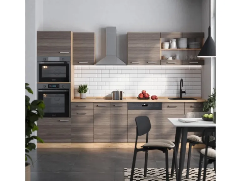 Vicco R-Line Küchenzeile Edelgrau/Goldkraft Eiche 300 cm mit HochschrankAP Anthrazit ohne E-Geräte