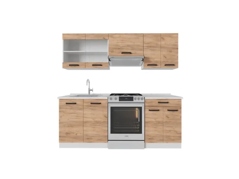 Vicco R-Line Küchenzeile Goldkraft Eiche/Weiß 200 cm AP Marmor ohne E-Geräte