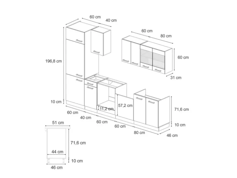 Vicco R-Line Küchenzeile Schwarz Beton/Goldkraft Eiche 300 cm AP Marmor ohne E-Geräte