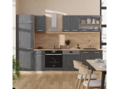 Vicco R-Line Küchenzeile Schwarz Beton/Goldkraft Eiche 300 cm AP Marmor ohne E-Geräte
