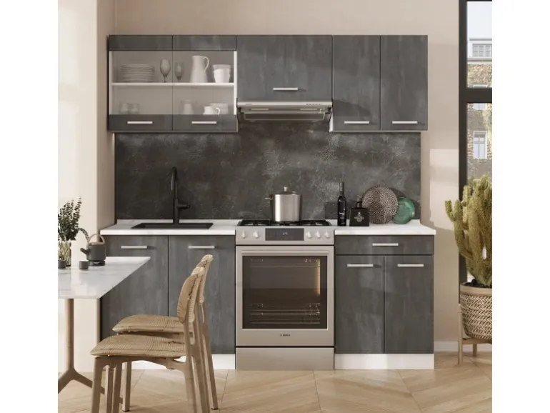 Vicco R-Line Küchenzeile Schwarz Beton/Weiß 200 cm AP Anthrazit ohne E-Geräte
