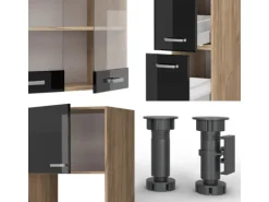 Vicco R-Line Küchenzeile Schwarz-Eiche Hochglanz/Goldkraft Eiche 350 cm mit HochschrankAP Marmor ohne E-Geräte